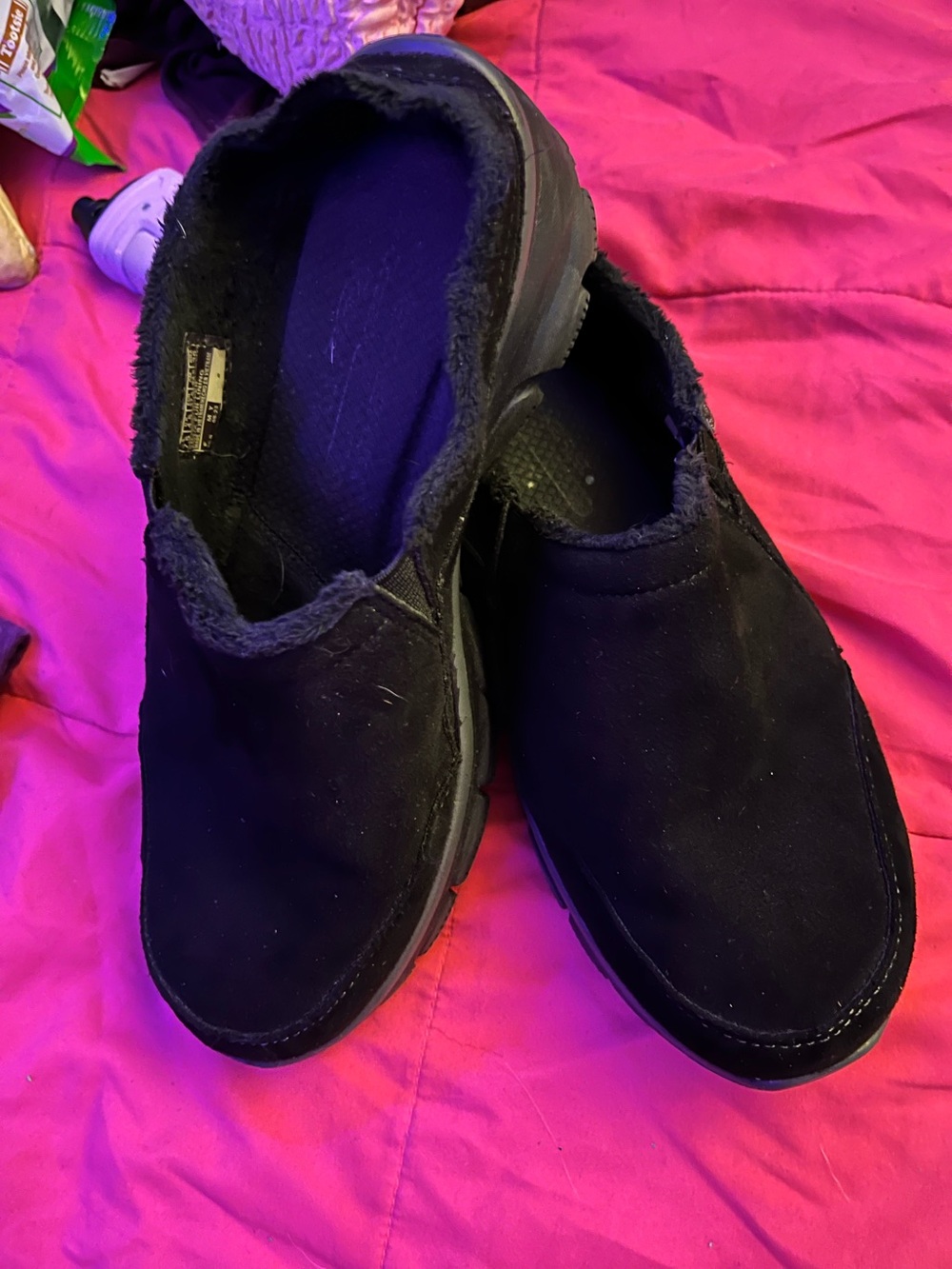 Black Skechers Relaxed Fit Easy Going Buried Suede Faux Fur Clogs Mules